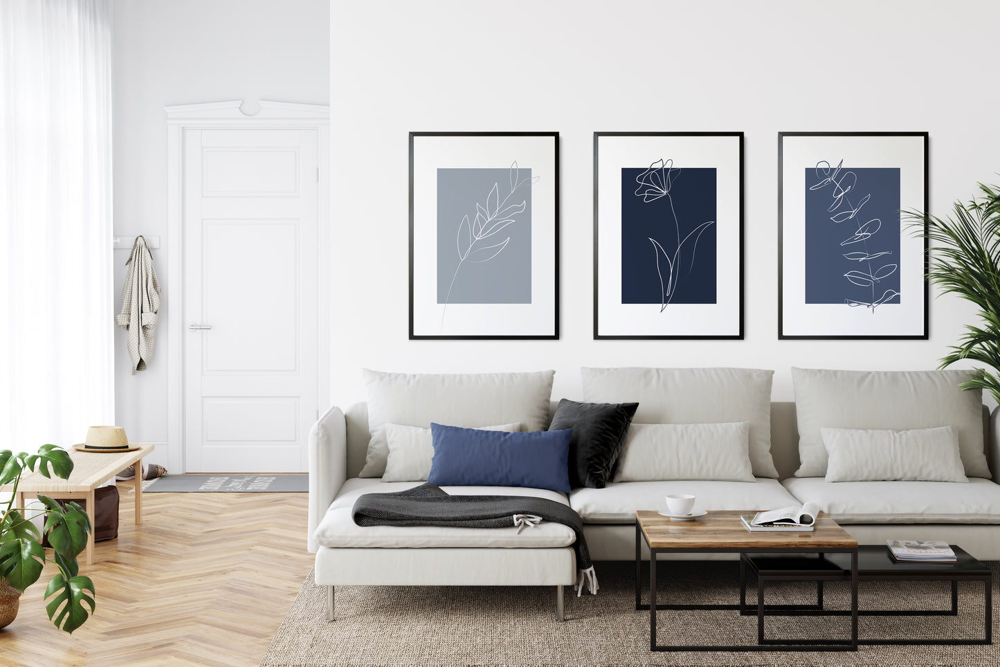 Set of 3 Blue Botanical Line Art Wall Prints