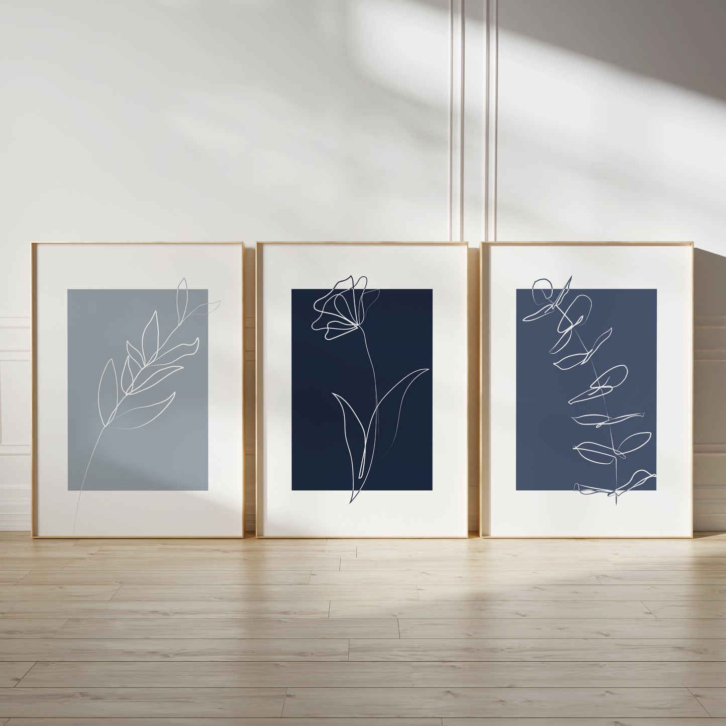 Set of 3 Blue Botanical Line Art Wall Prints