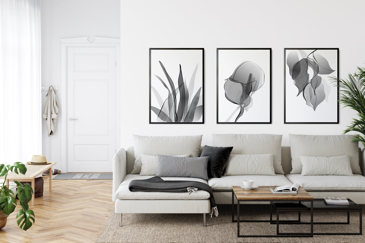 Set of 3 Grey Botanical Wall Prints