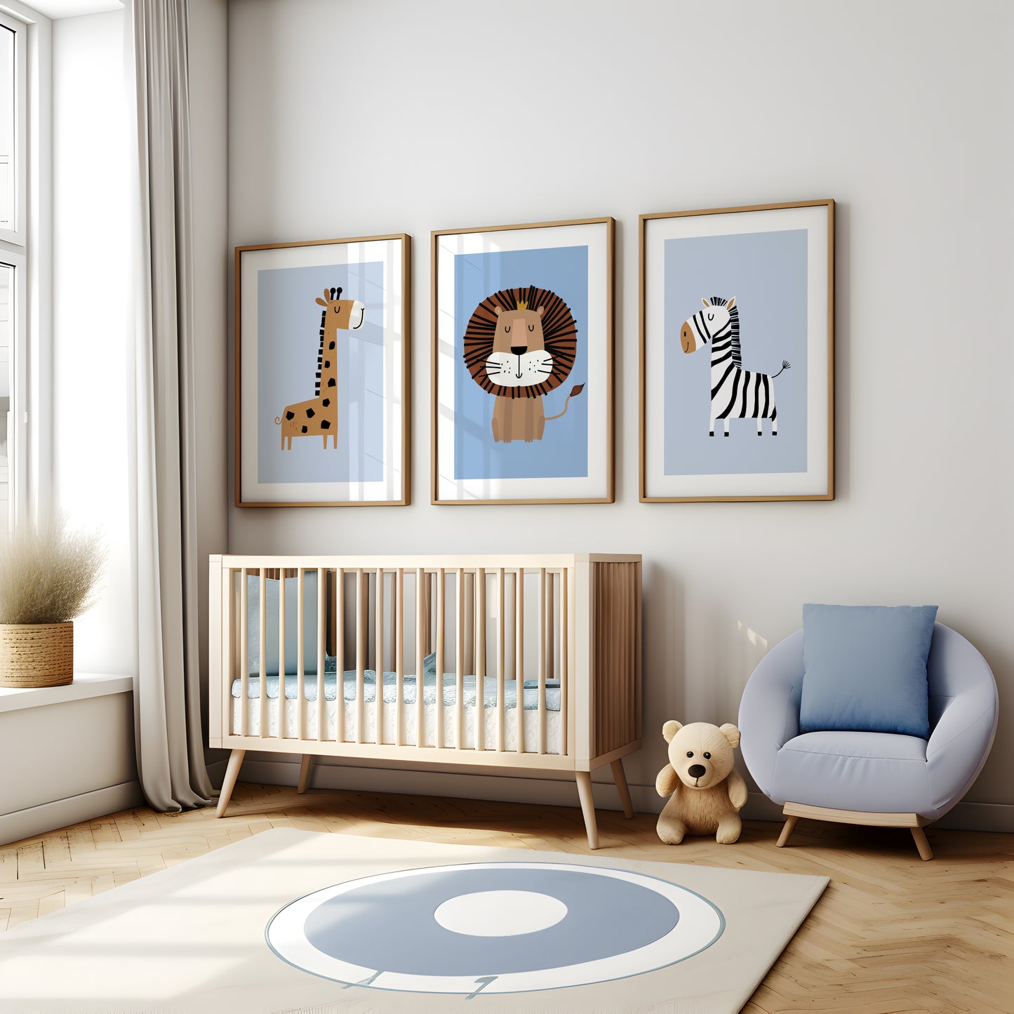 Set of 3 Blue Safari Animal Nursery Wall Prints