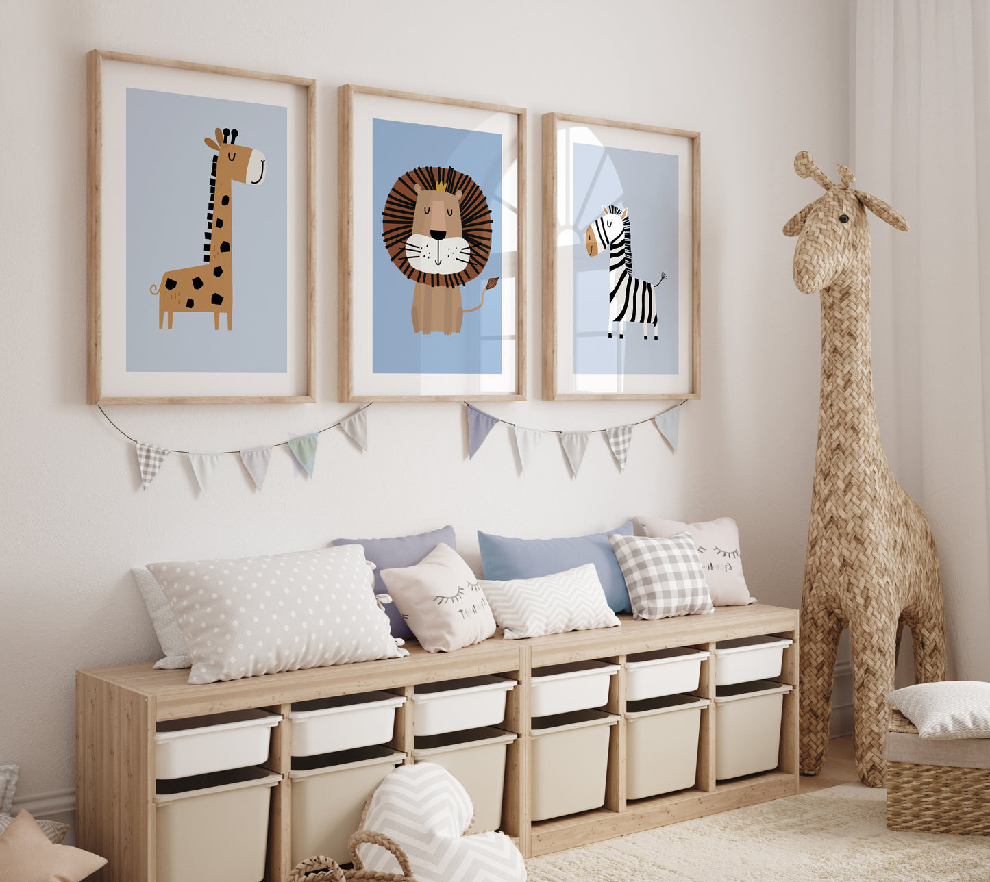 Set of 3 Blue Safari Animal Nursery Wall Prints