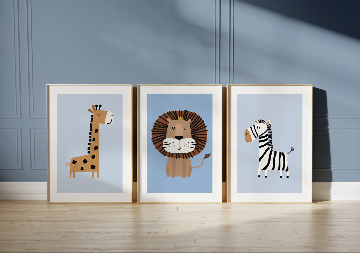 Set of 3 Blue Safari Animal Nursery Wall Prints