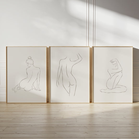 Set of 3 Beige Abstract Women Wall Art Prints