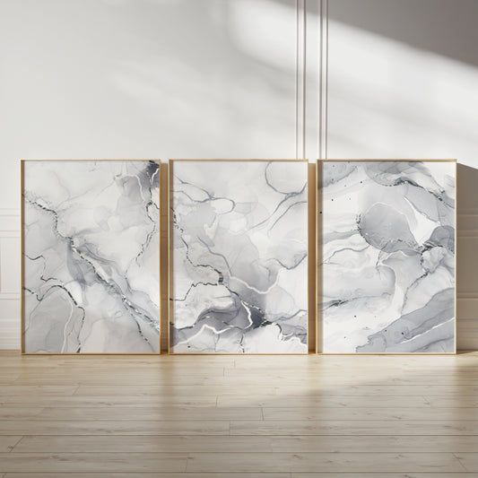 Set of 3 Grey & Silver Marble Wall Art Prints