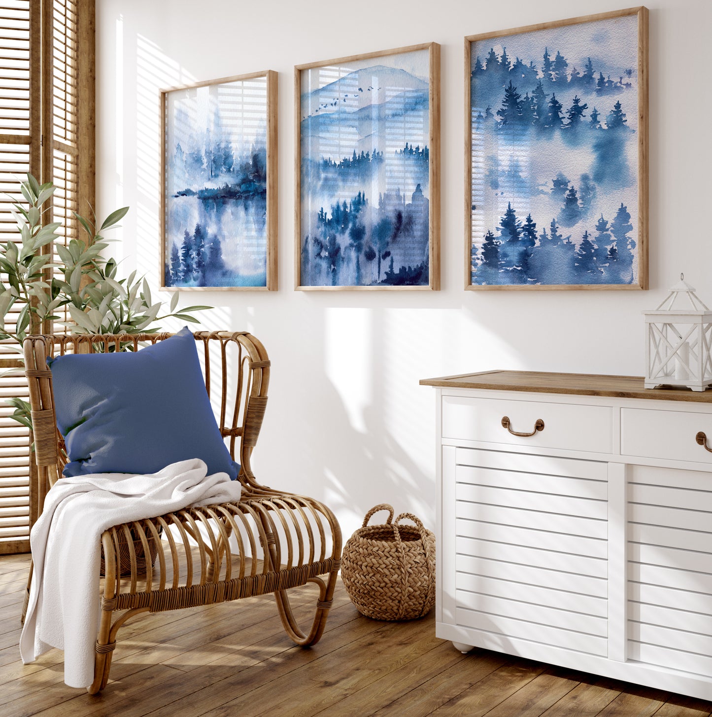 Set of 3 Blue Watercolour Forest Wall Prints