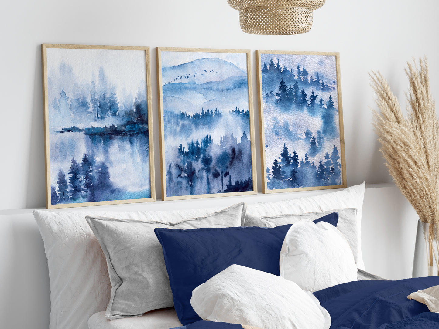 Set of 3 Blue Watercolour Forest Wall Prints