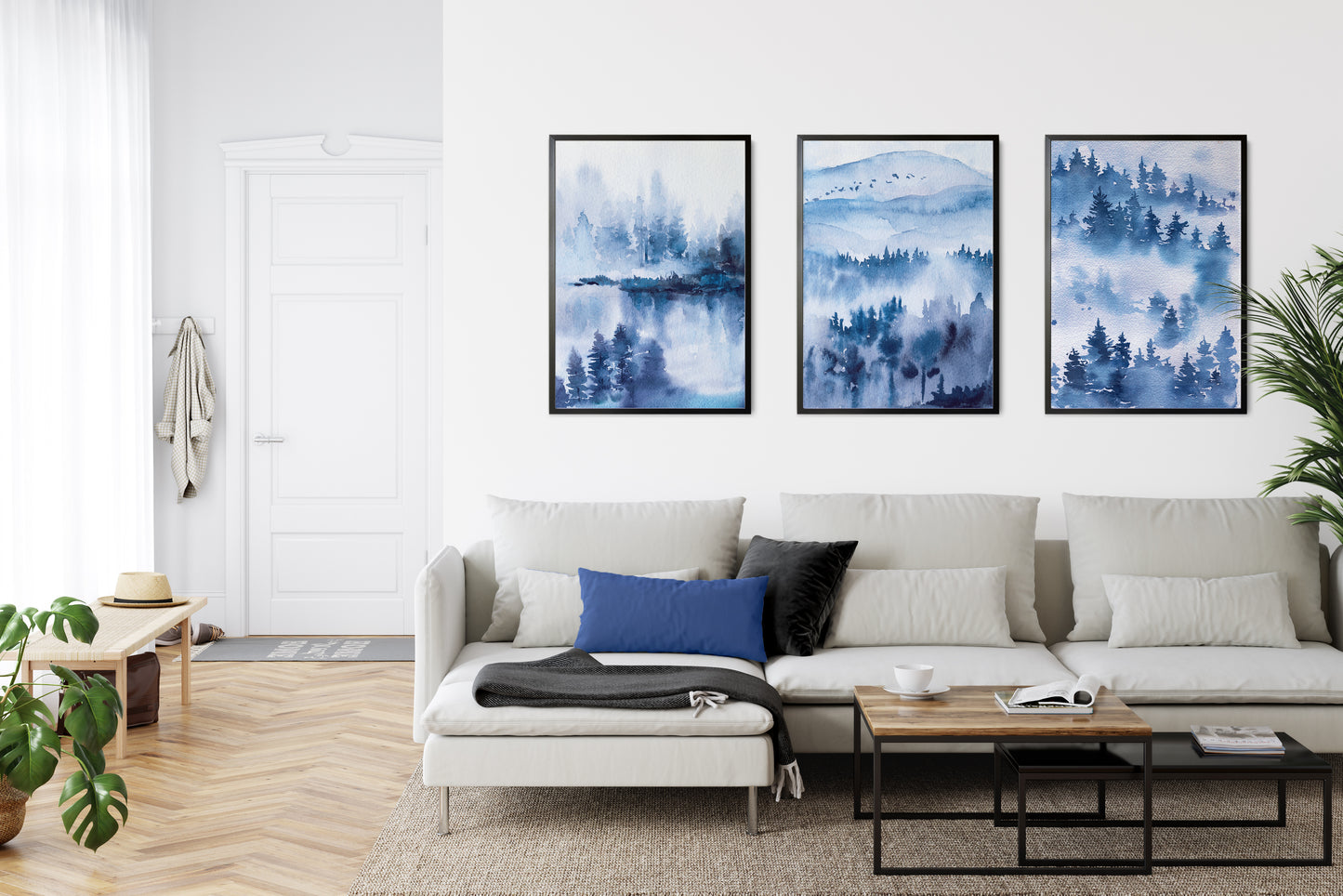 Set of 3 Blue Watercolour Forest Wall Prints