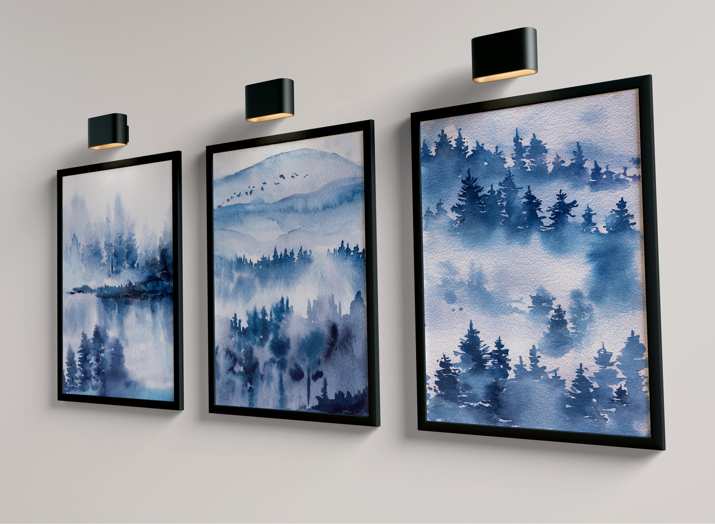 Set of 3 Blue Watercolour Forest Wall Prints
