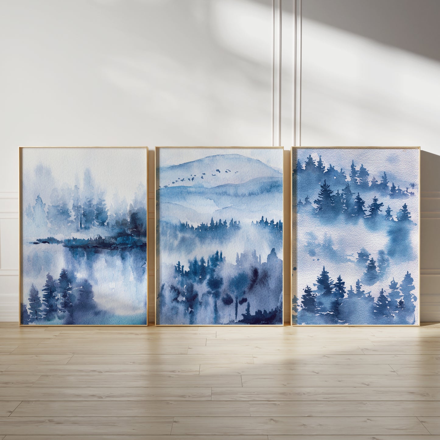 Set of 3 Blue Watercolour Forest Wall Prints