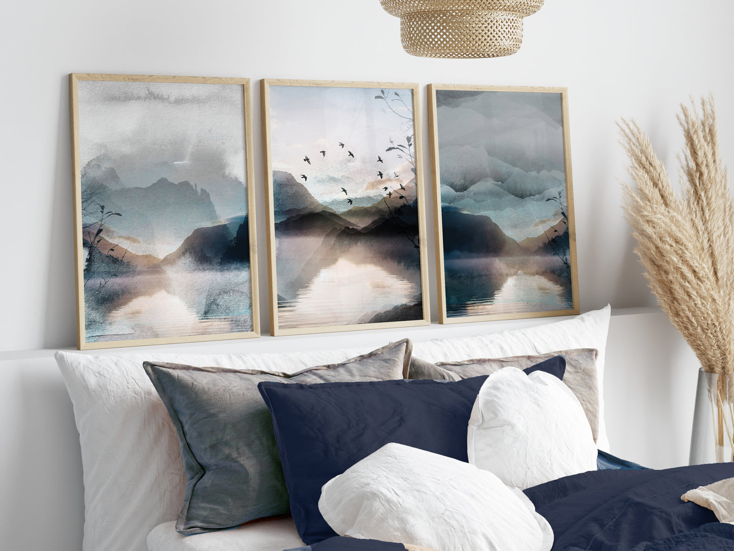 Set of 3 Blue Watercolour Landscape Abstract Wall Art Prints