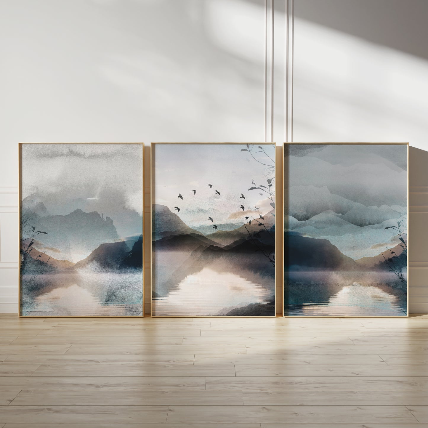Set of 3 Blue Watercolour Landscape Abstract Wall Art Prints