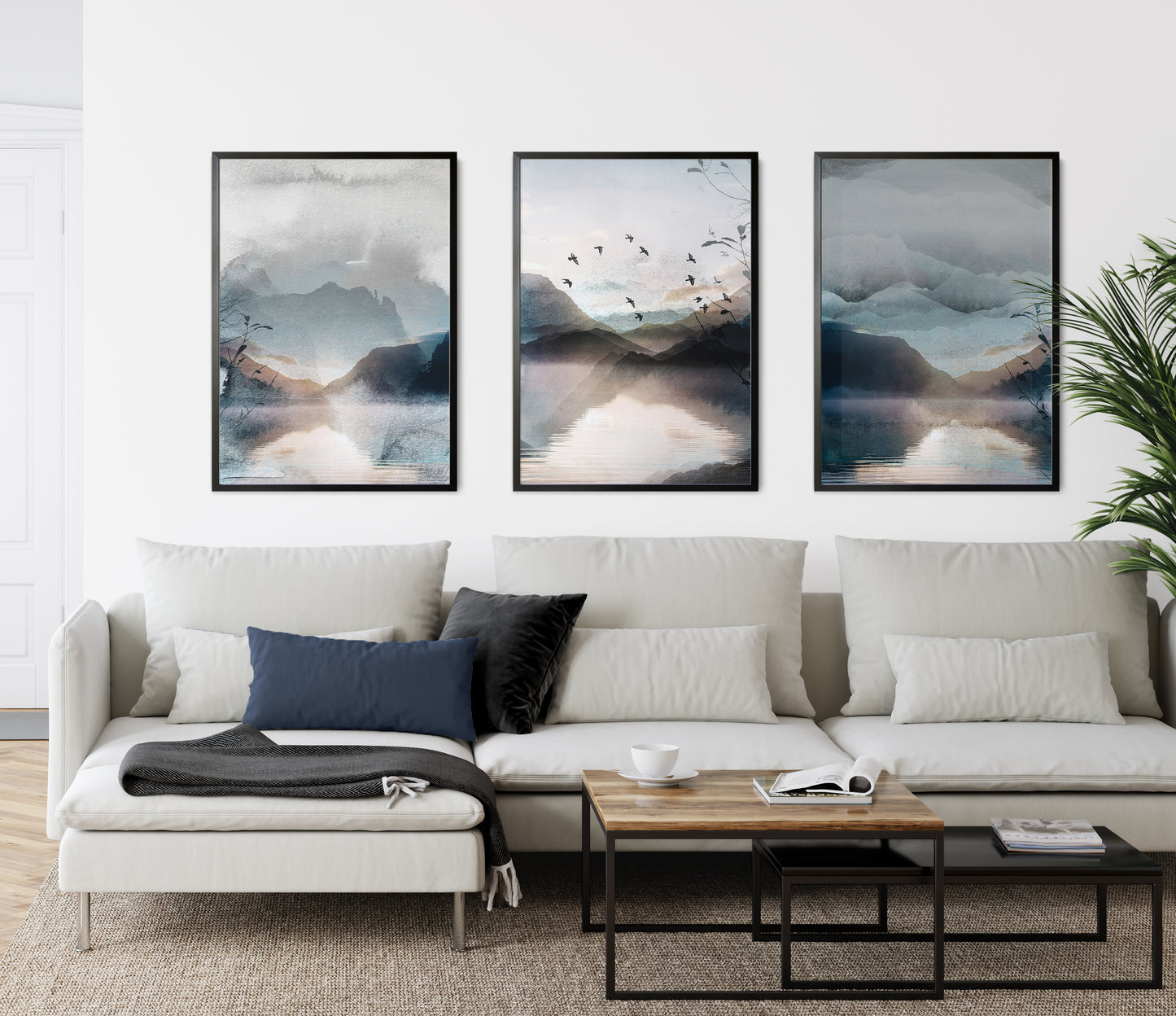 Set of 3 Blue Watercolour Landscape Abstract Wall Art Prints