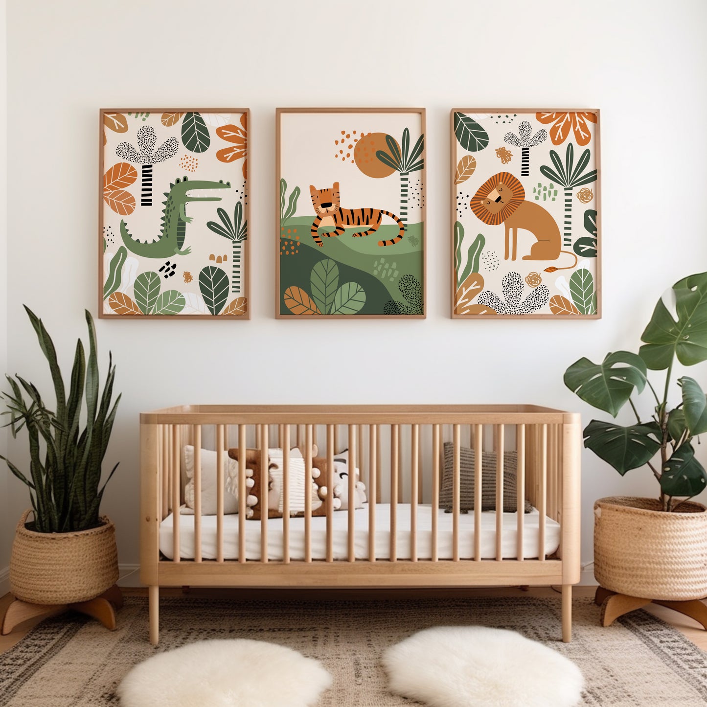 Set of 3 Green & Orange Safari Nursery Wall Prints