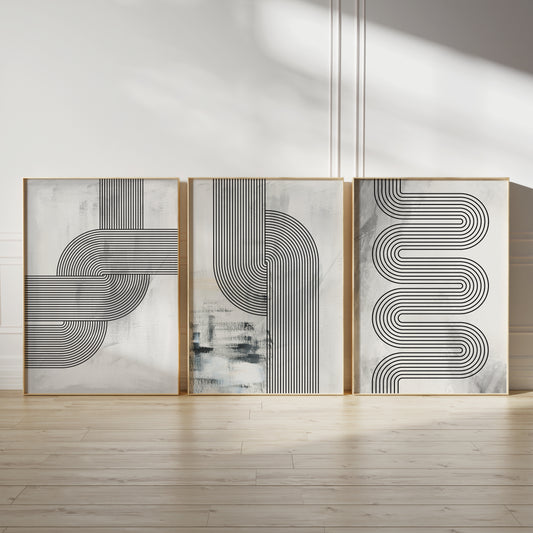 Set of 3 Grey & Black Retro Abstract Art