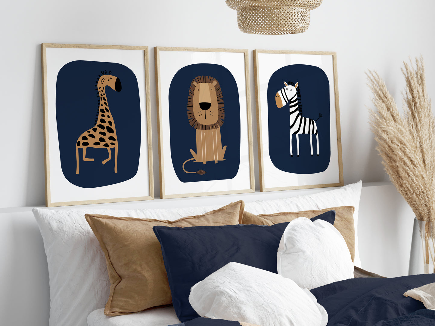 Set of 3 Navy Safari Animal Boys Bedroom Prints