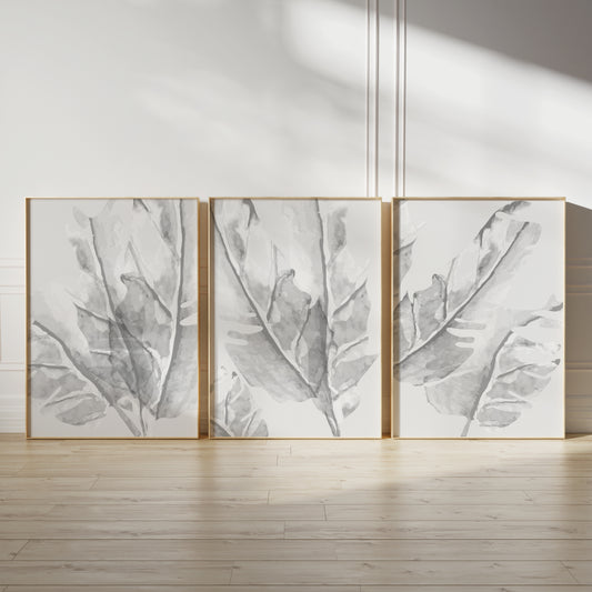 Set of 3 Light Grey Leaf Abstract Wall Art Prints