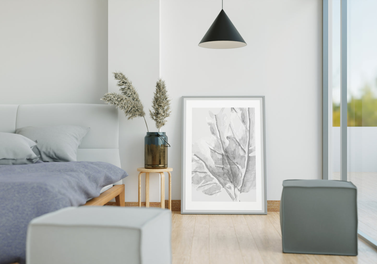 Set of 3 Light Grey Leaf Abstract Wall Art Prints