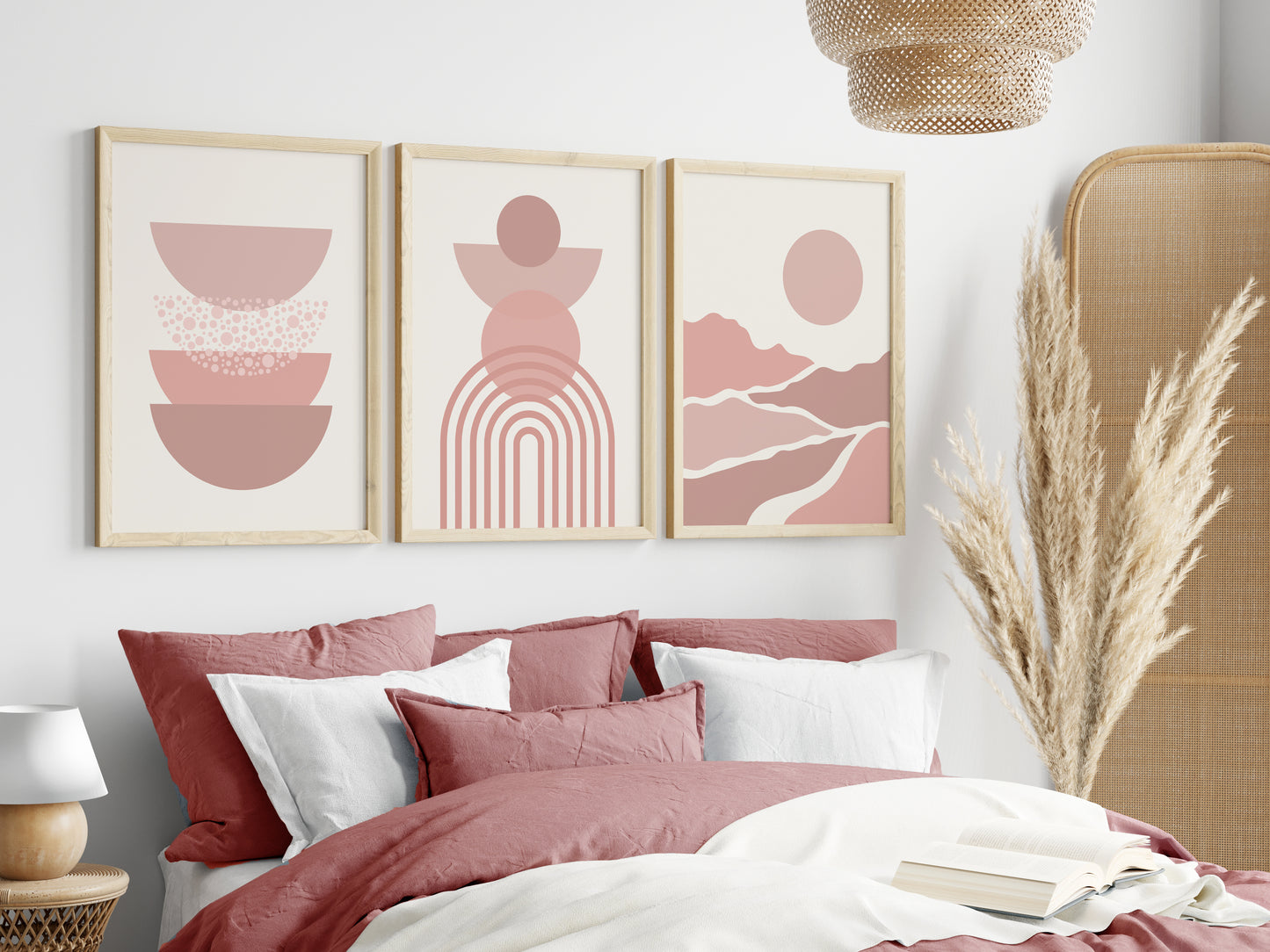 Set of 3 Pink Boho Abstract Wall Art Prints