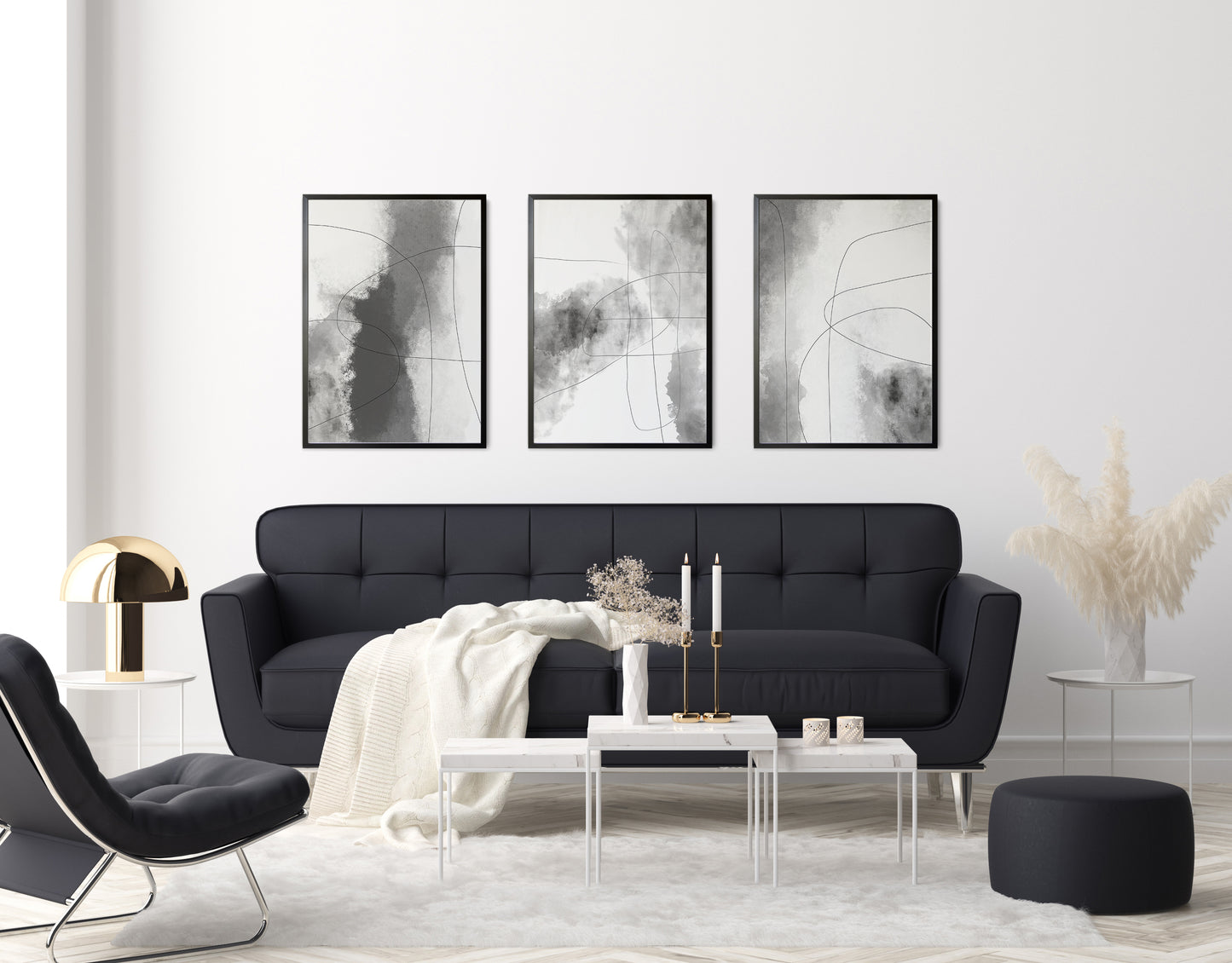 Set of 3 Modern Grey Abstract Wall Art