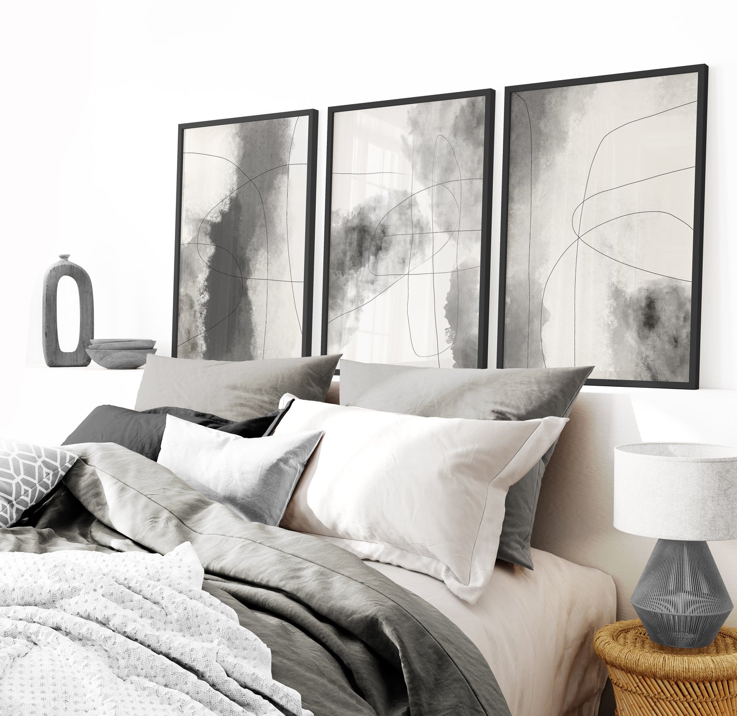 Set of 3 Modern Grey Abstract Wall Art
