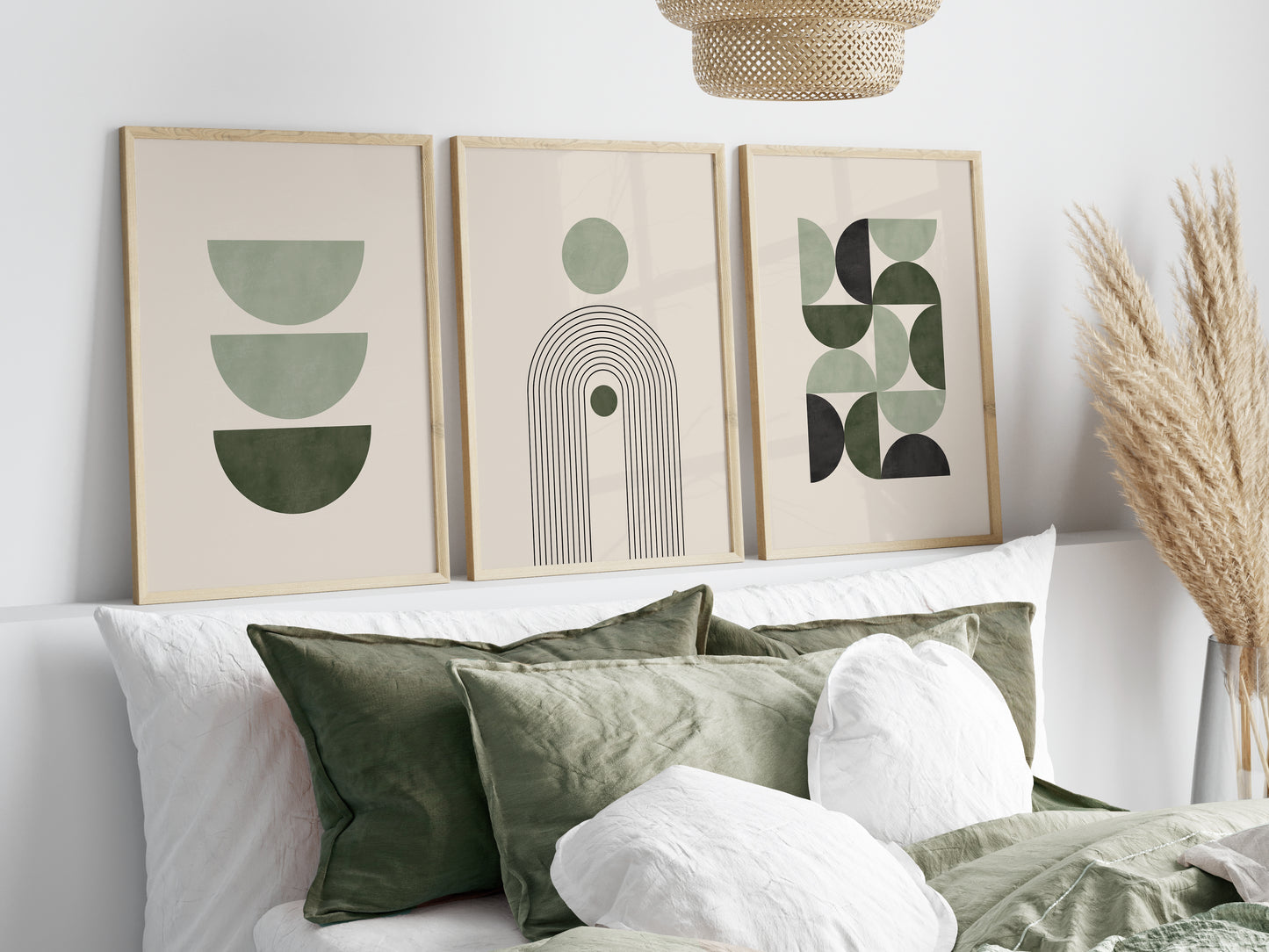 Set of 3 Green Modern Mid Century Wall Art Prints