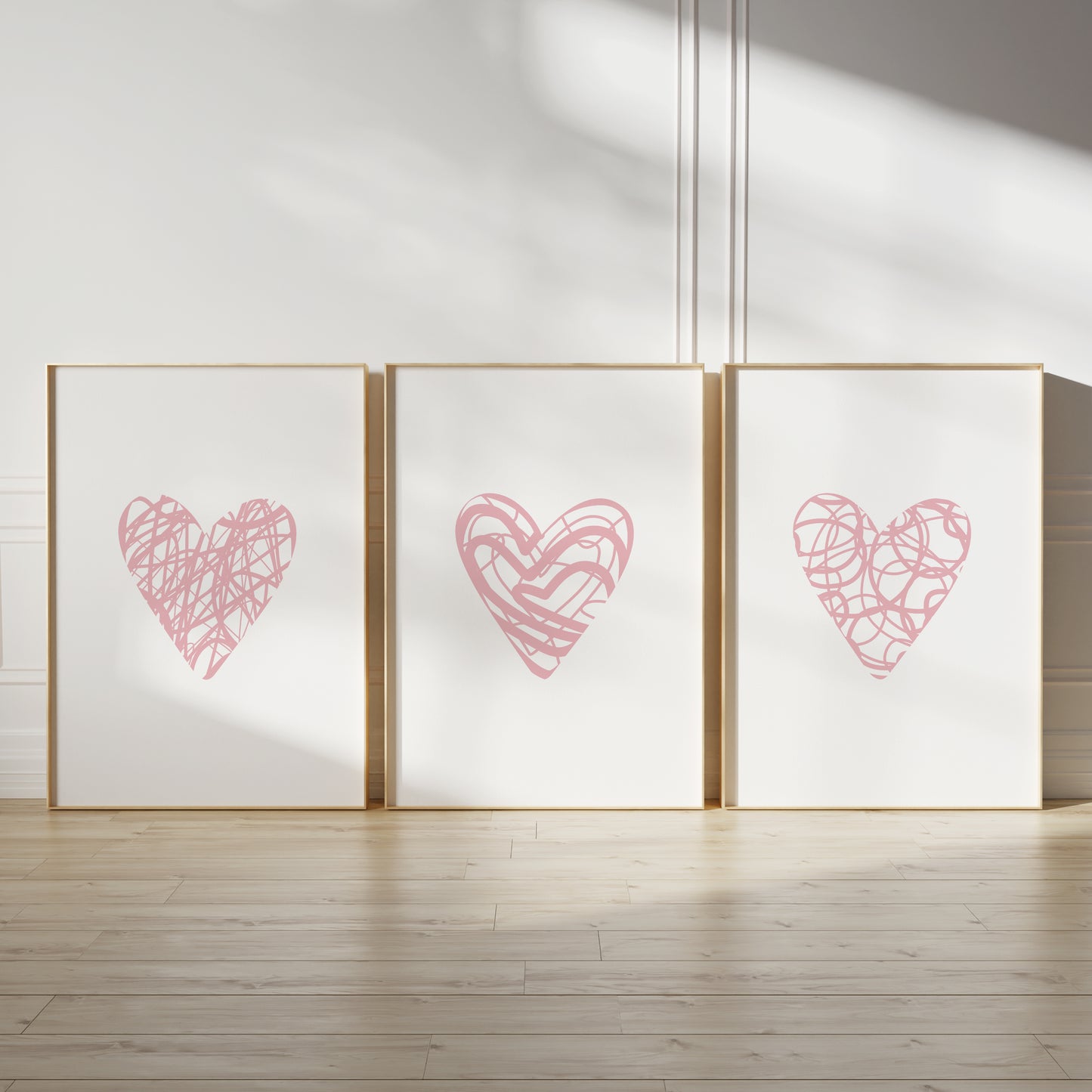 Set of 3 Pink Love Heart Bedroom Wall Prints