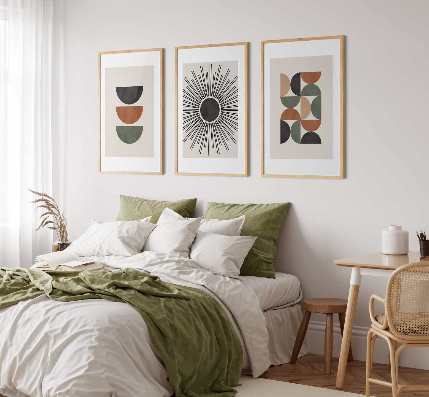 Set of 3 Terracotta & Green Modern Mid Century Wall Prints