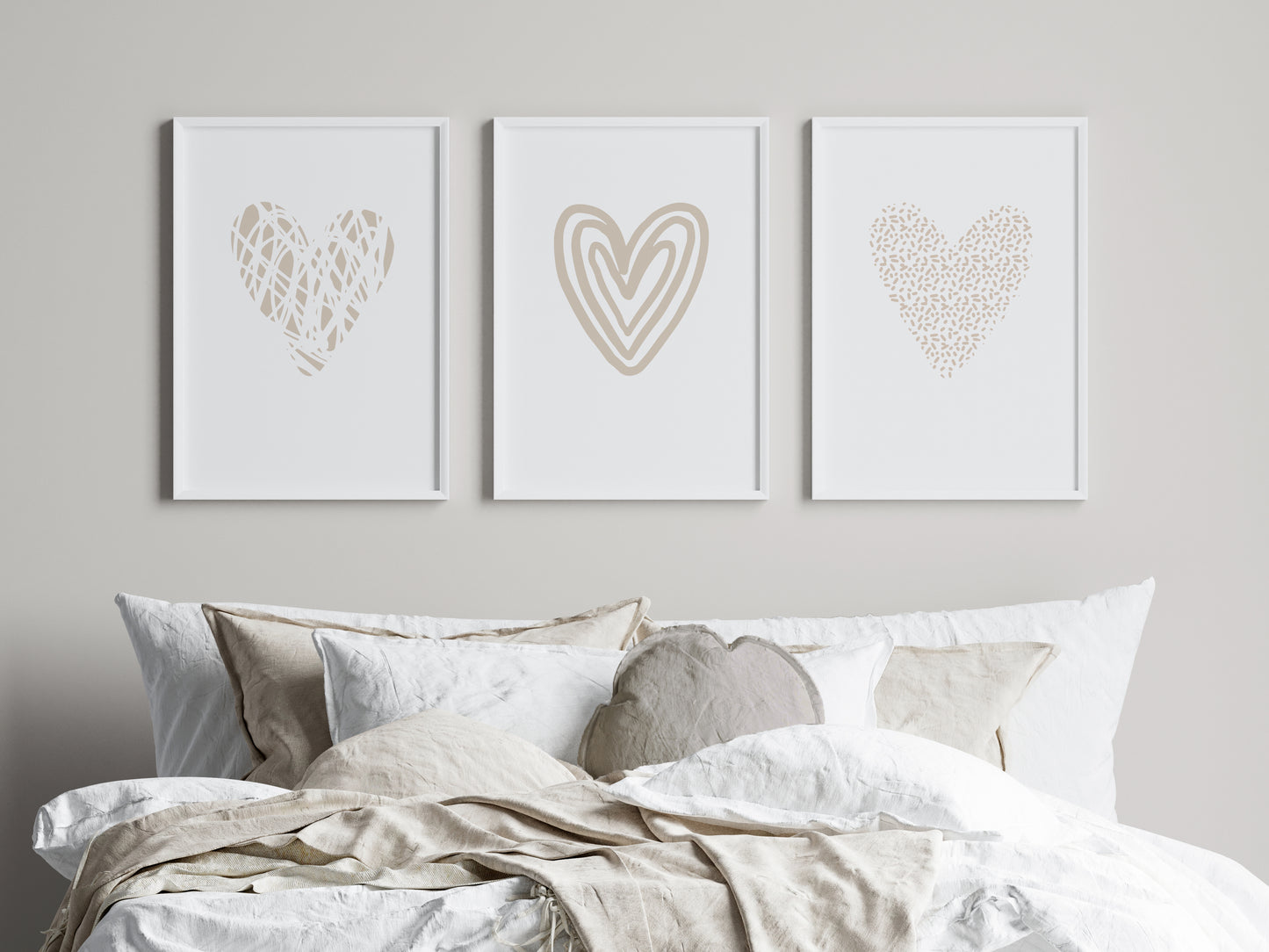 Set of 3 Beige Love Heart Wall Prints