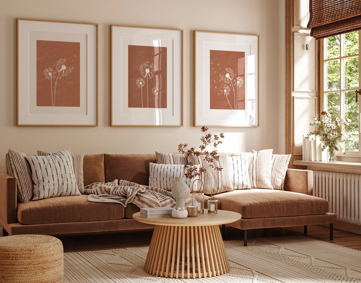 Set of 3 Terracotta Dandelion Wall Art Prints
