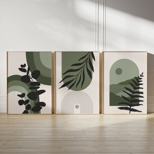 Set of 3 Green Boho Wall Art Prints