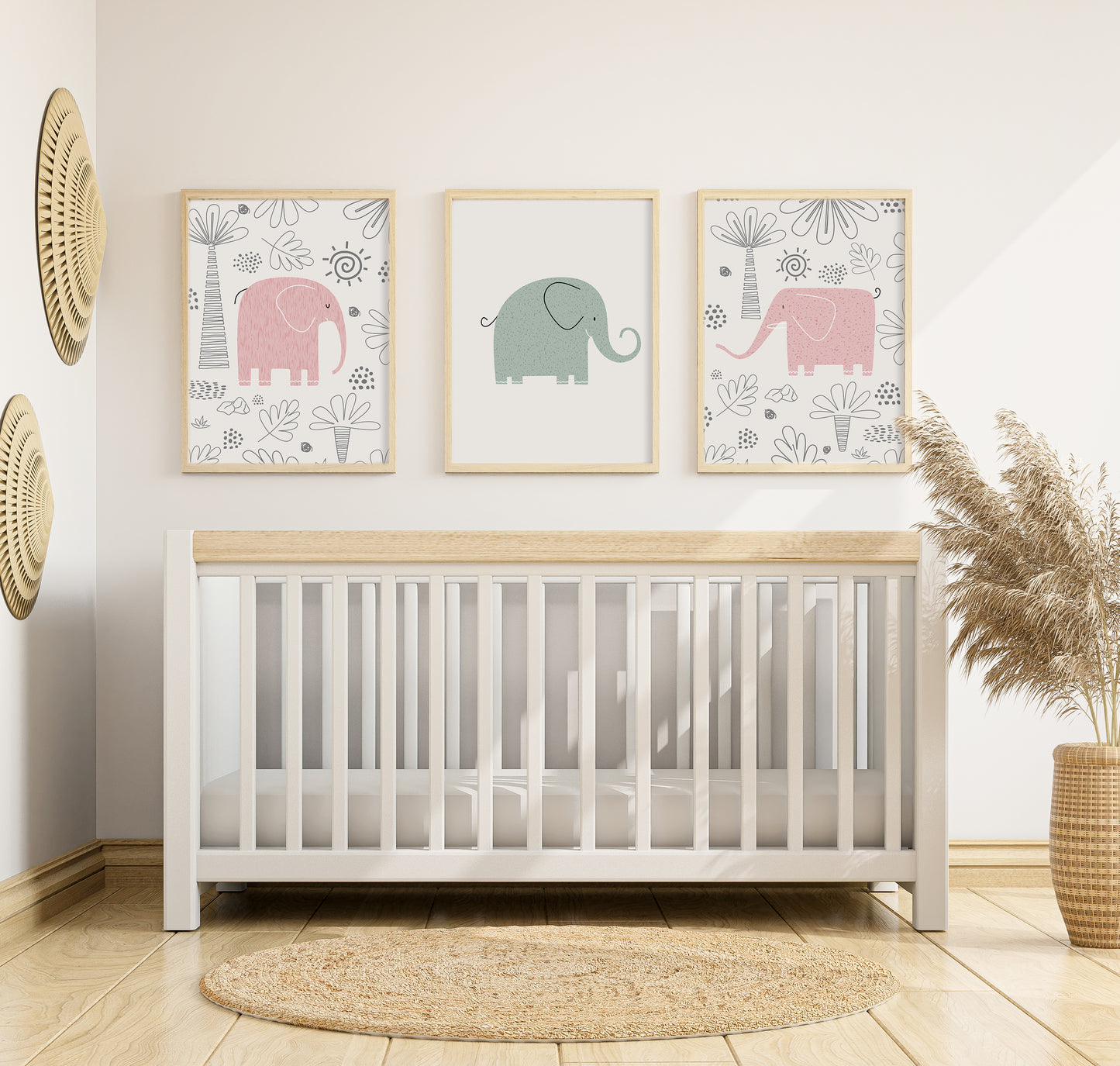 Set of 3 Pink & Green Elephant Girls Nursery Wall Prints