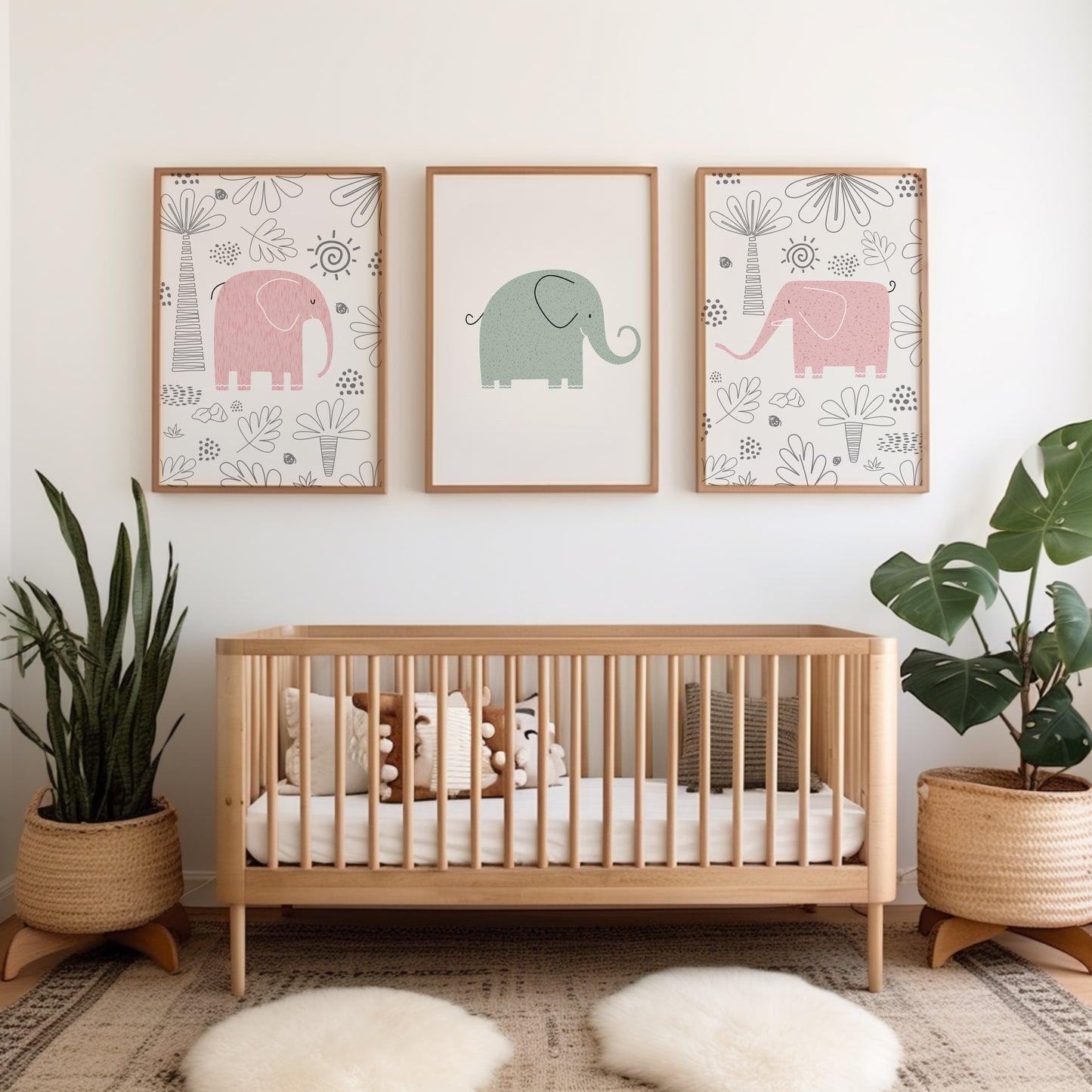 Set of 3 Pink & Green Elephant Girls Nursery Wall Prints