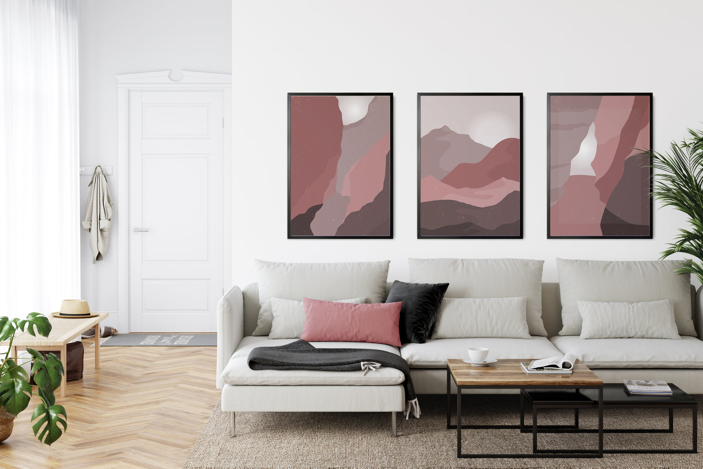Set of 3 Mauve Pink Boho Landscape Wall Art Prints