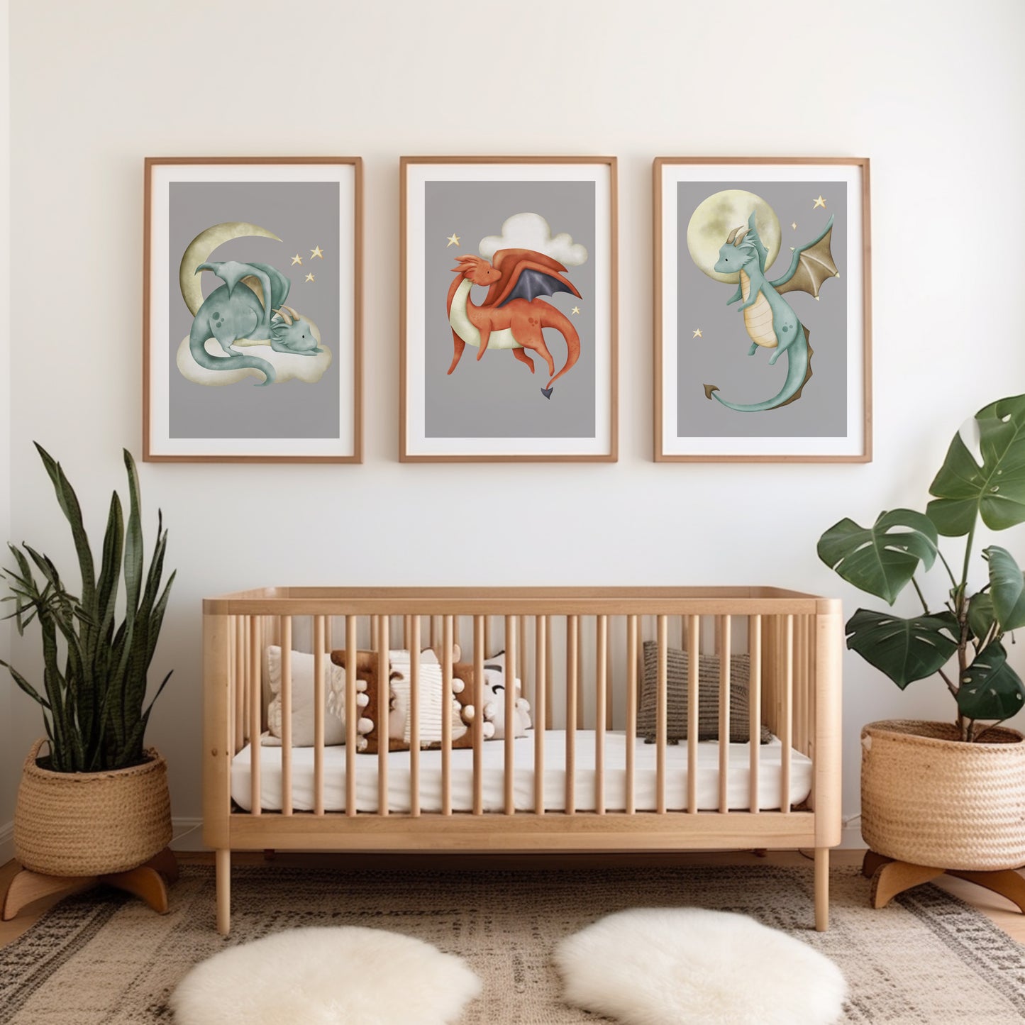 Set of 3 Grey Dragon Boys Bedroom Prints