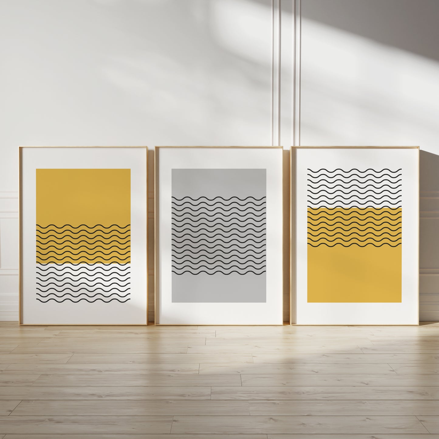 Set of 3 Yellow & Grey Abstract Art Prints