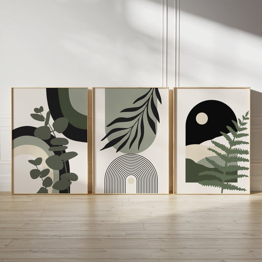 Set of 3 Green Boho Abstract Wall Art Prints