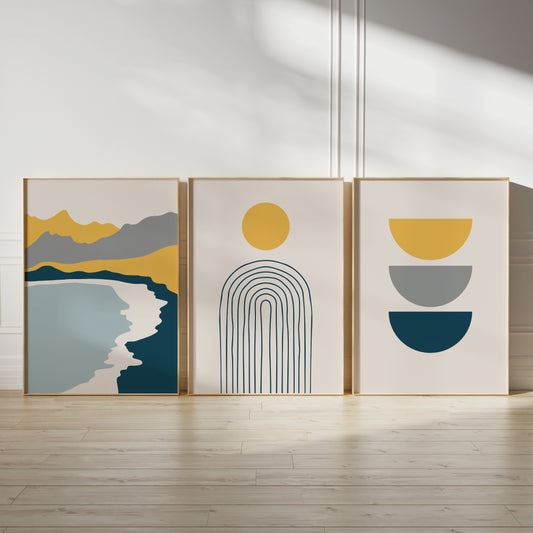 Set of 3 Blue & Mustard Boho Wall Prints