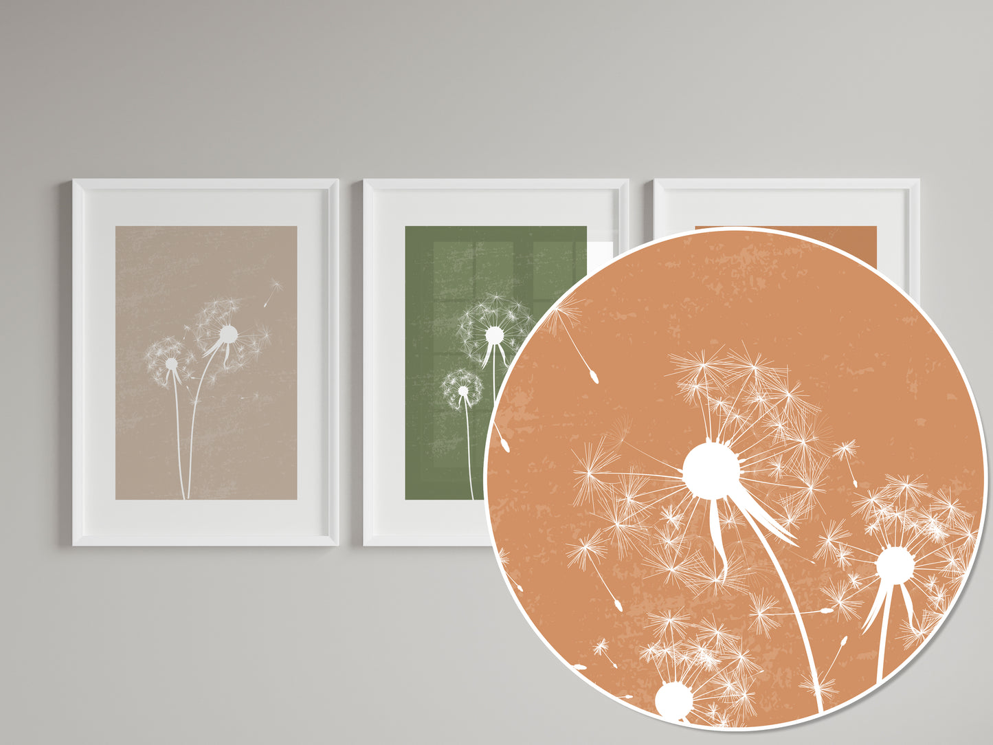 Set of 3 Green & Orange Dandelion Wall Prints