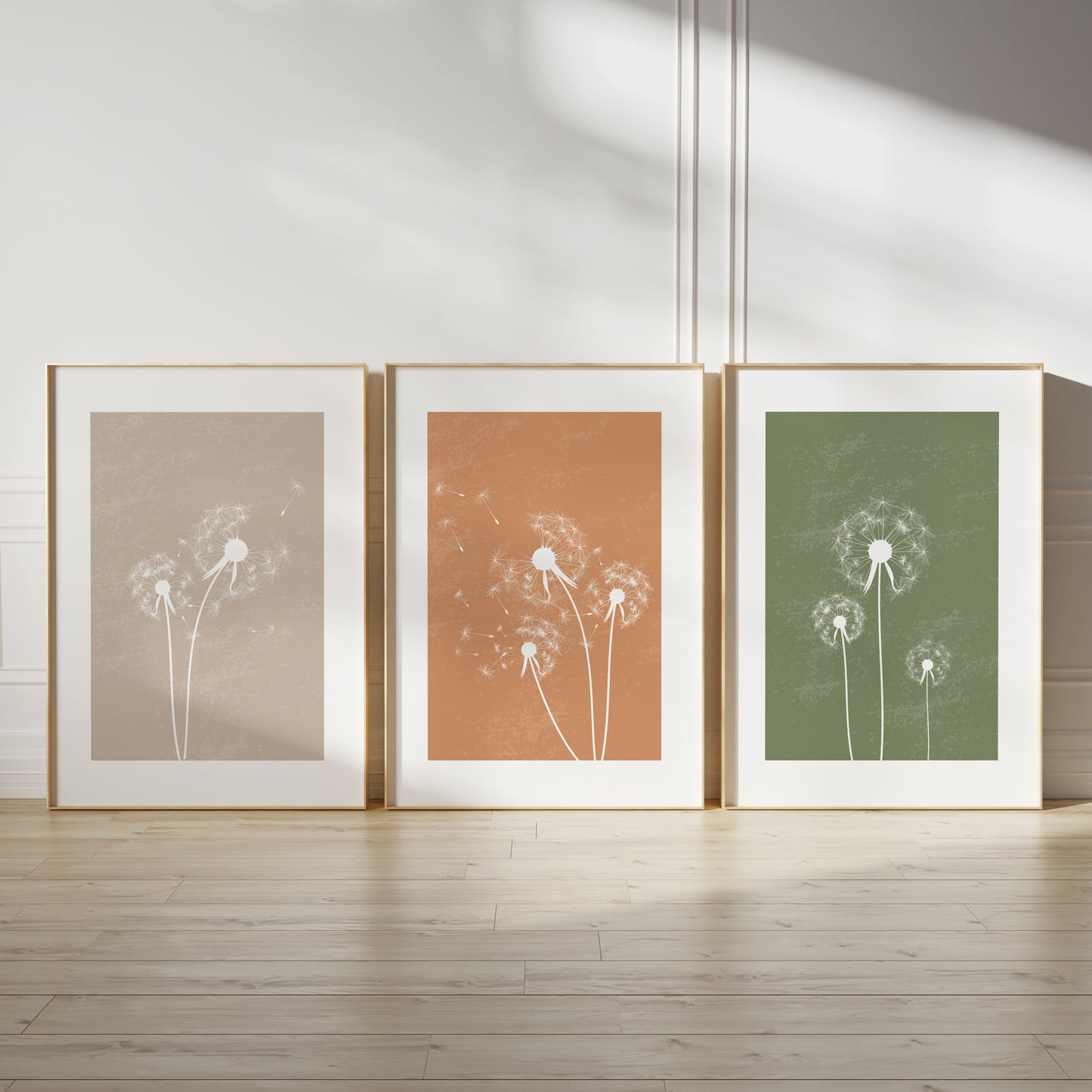 Set of 3 Green & Orange Dandelion Wall Prints