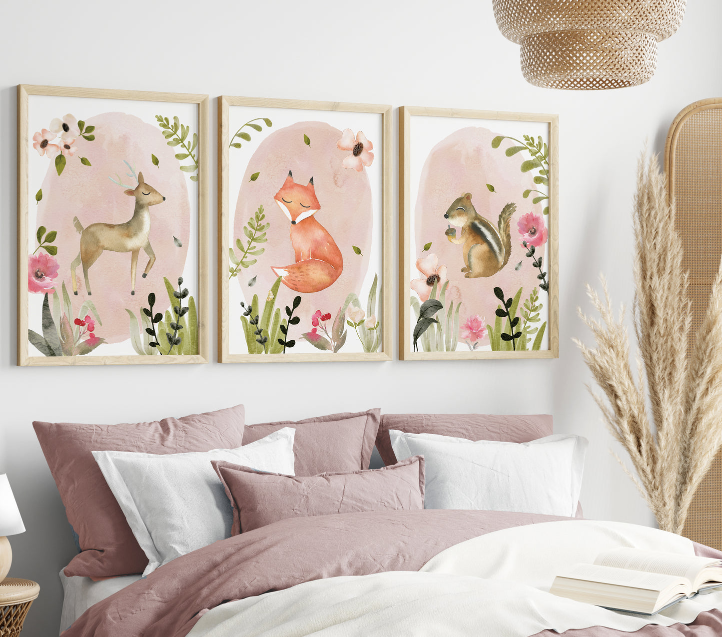 Set of 3 Pink Woodland Girls Nursery Wall Prints