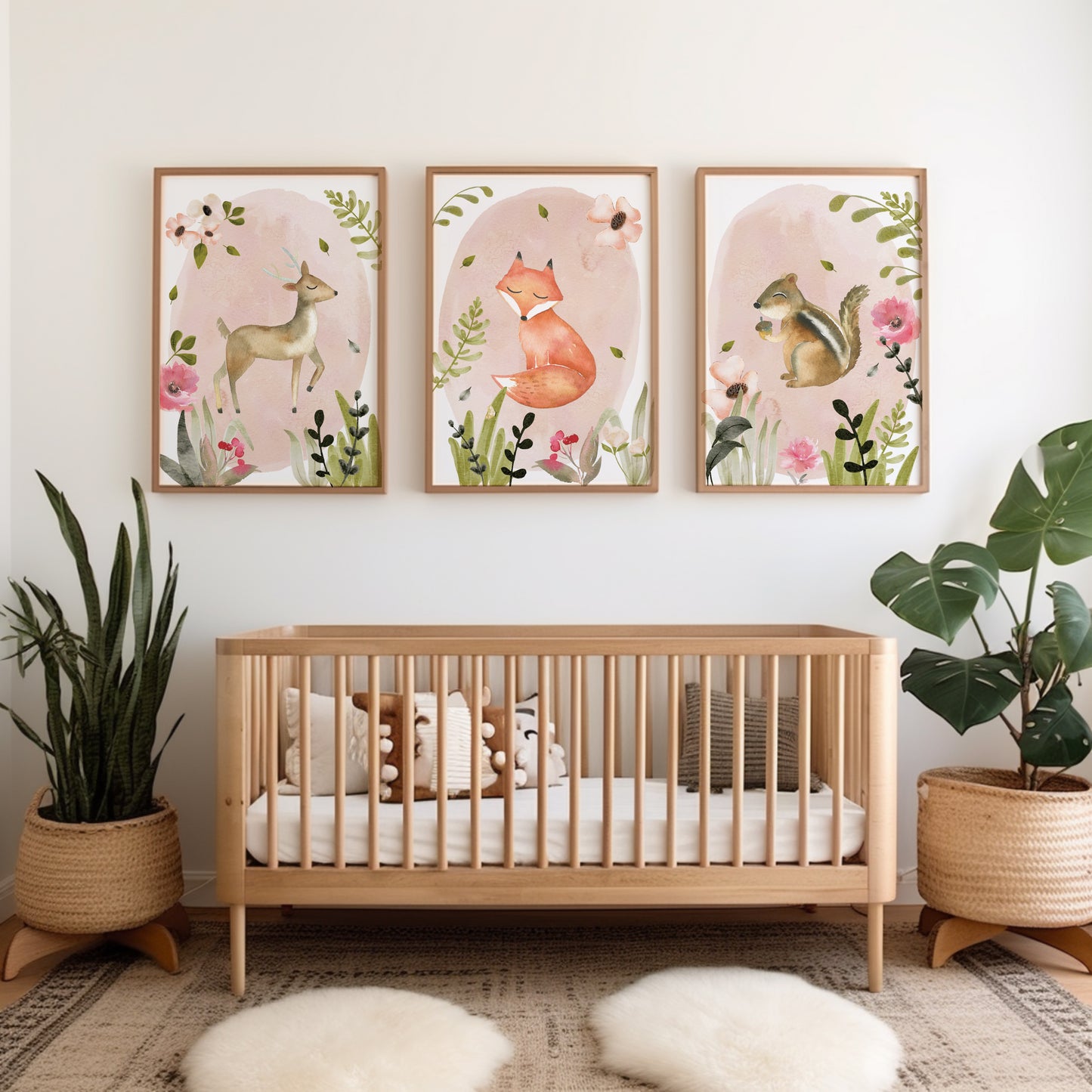 Set of 3 Pink Woodland Girls Nursery Wall Prints