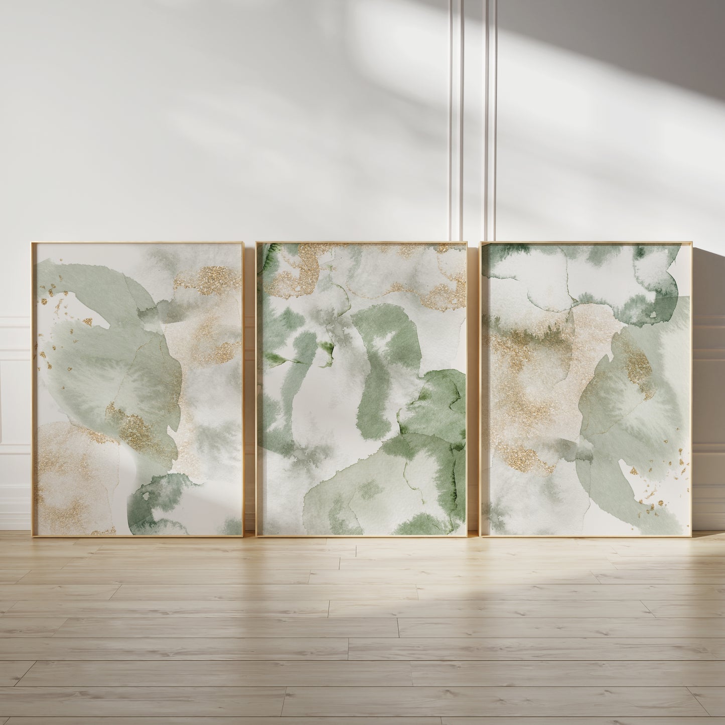 Set of 3 Sage Green & Gold Abstract Wall Art Prints