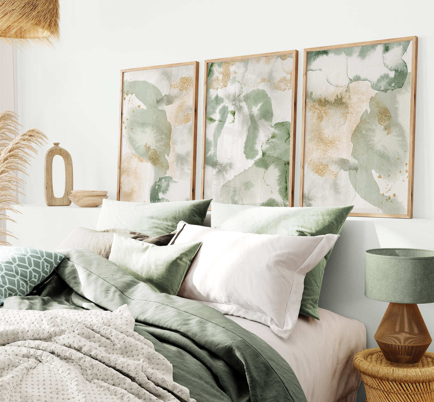 Set of 3 Sage Green & Gold Abstract Wall Art Prints