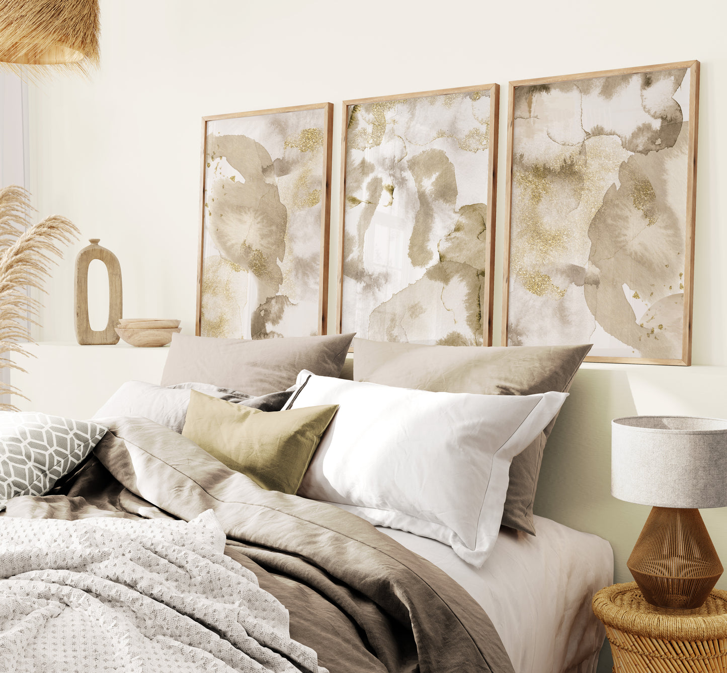Set of 3 Beige & Gold Abstract Wall Prints