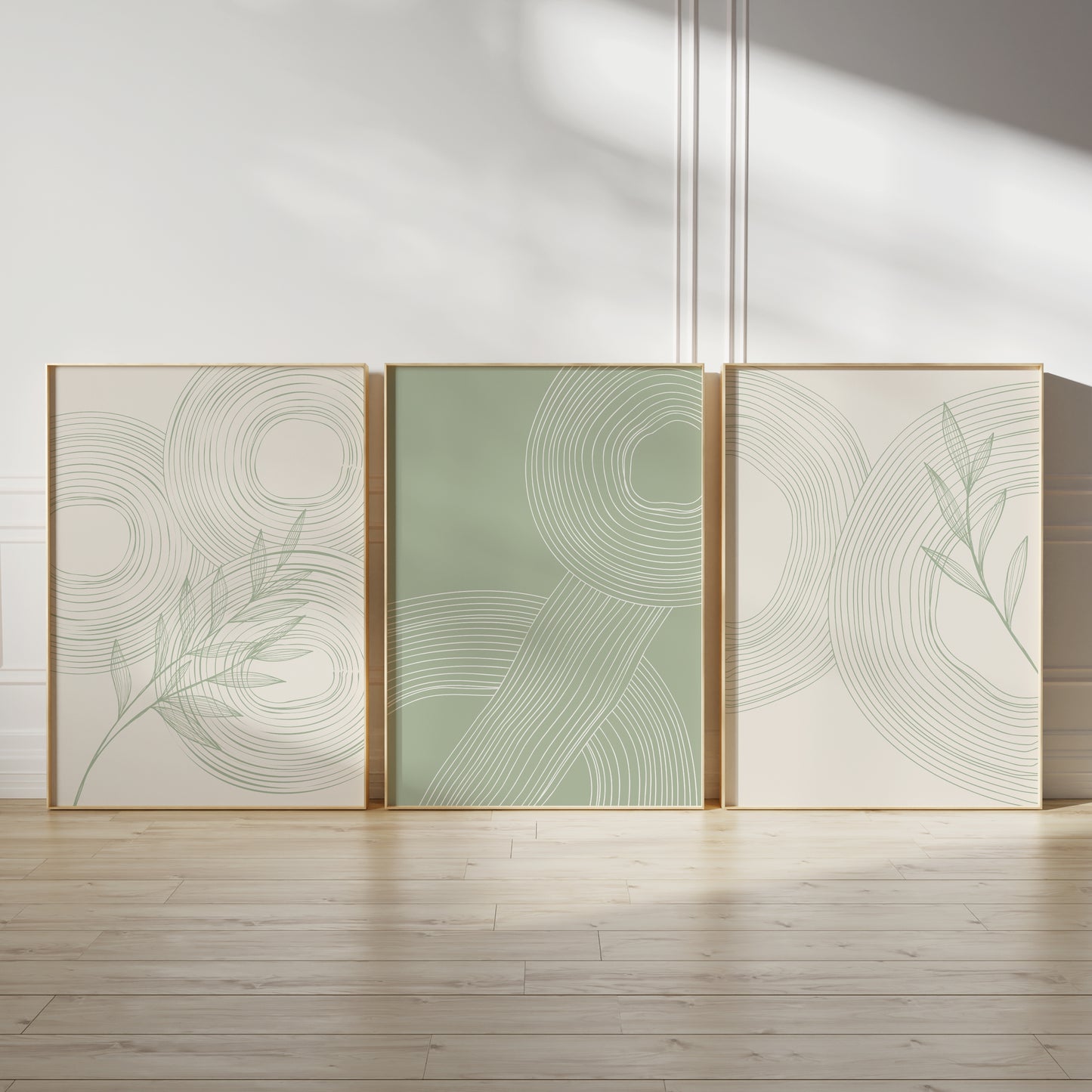 Set of 3 Circles Abstract Sage Green Wall Prints