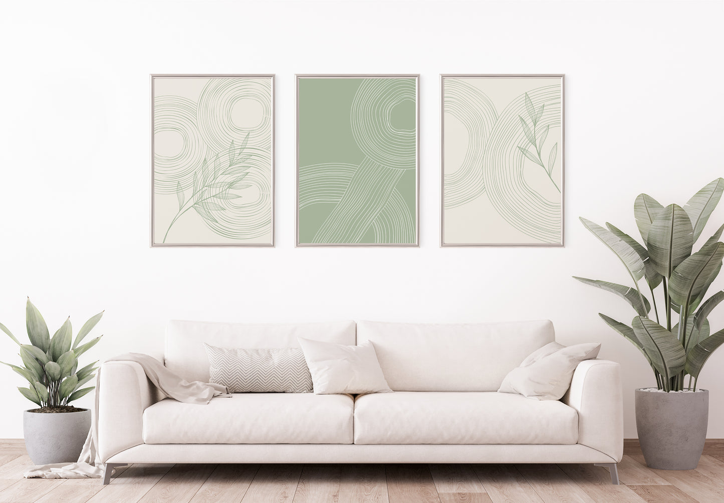 Set of 3 Circles Abstract Sage Green Wall Prints