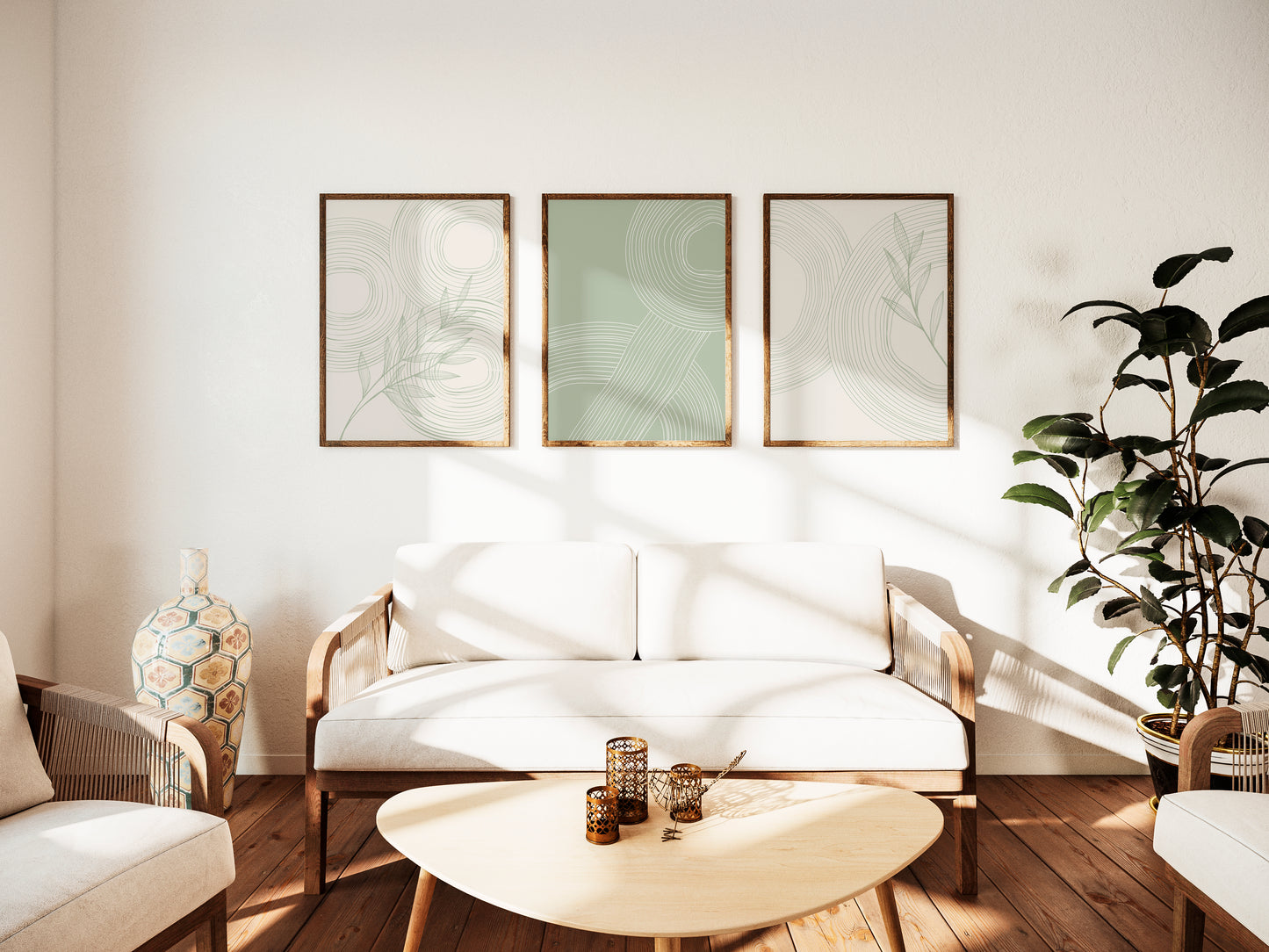 Set of 3 Circles Abstract Sage Green Wall Prints