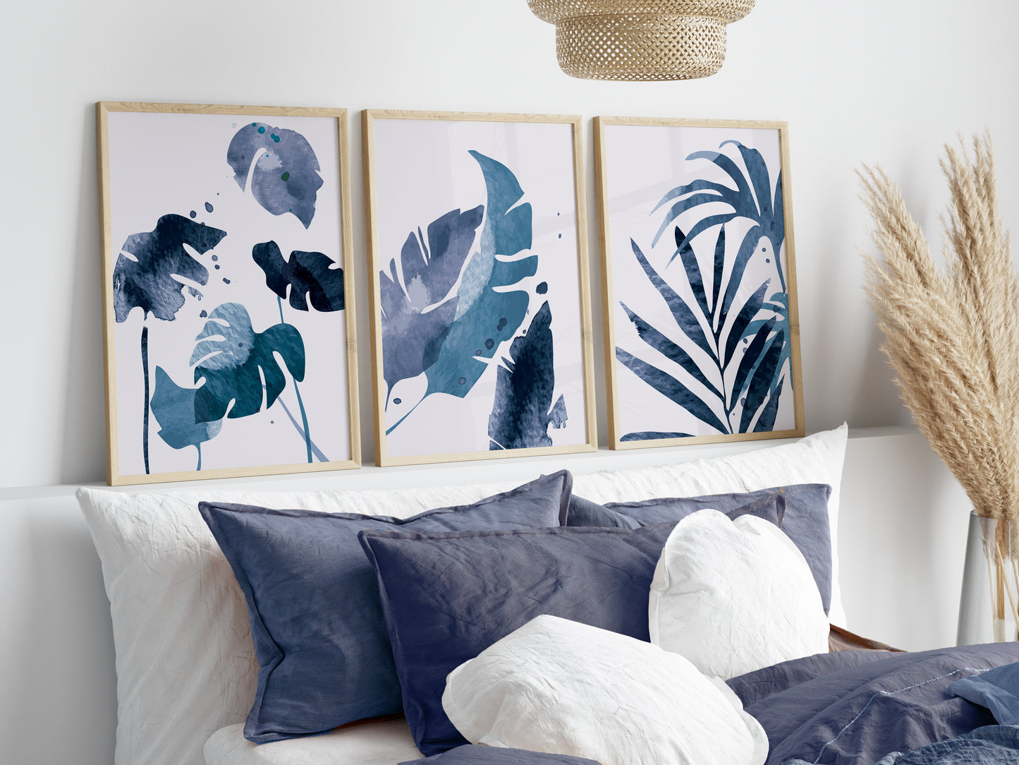 Set of 3 Blue Leaf Abstract Wall Prints