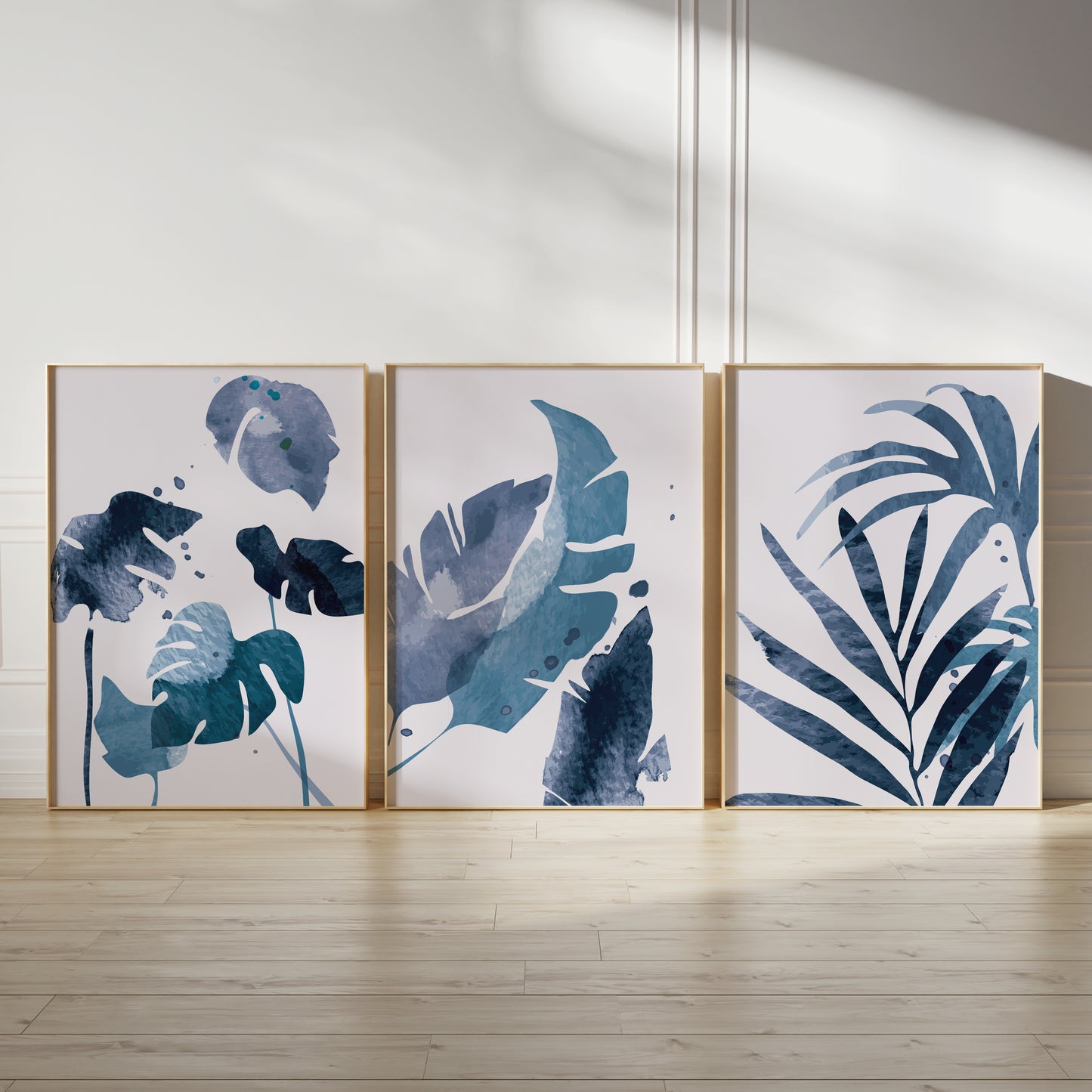 Set of 3 Blue Leaf Abstract Wall Prints