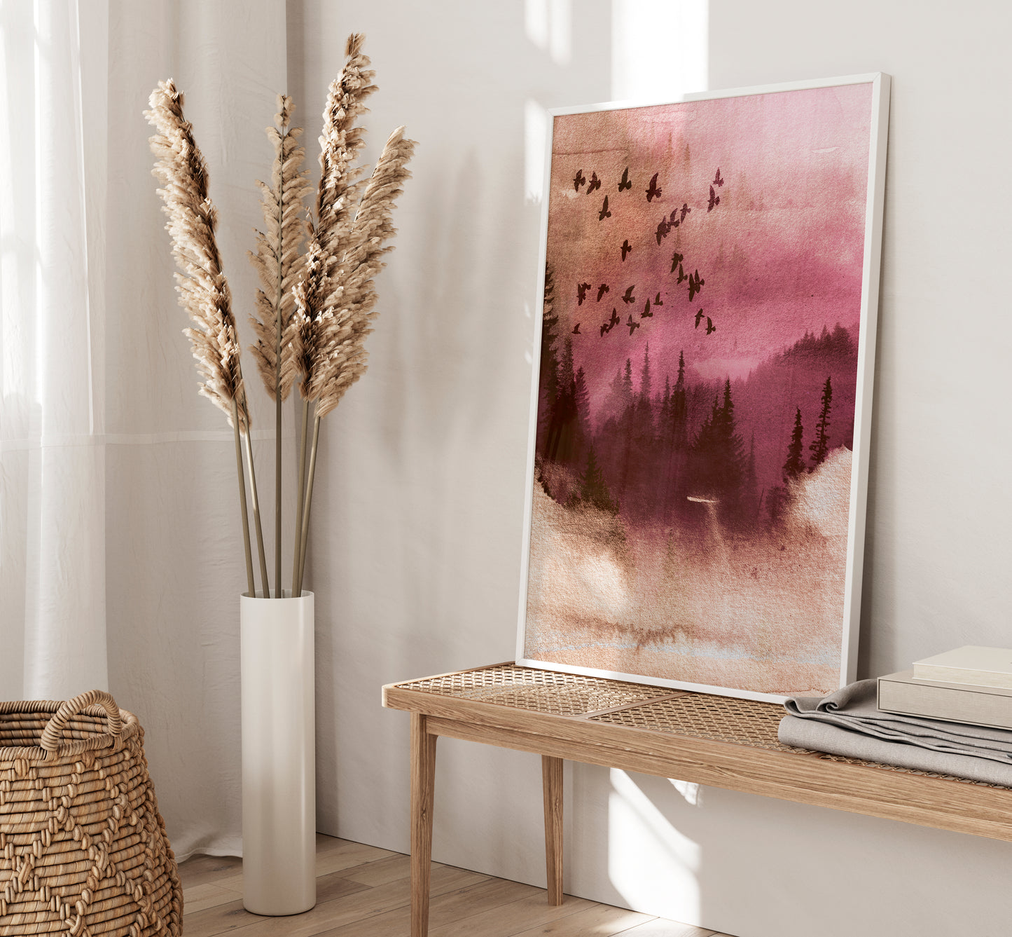 Set of 3 Pink Watercolour Landscape Wall Art Prints